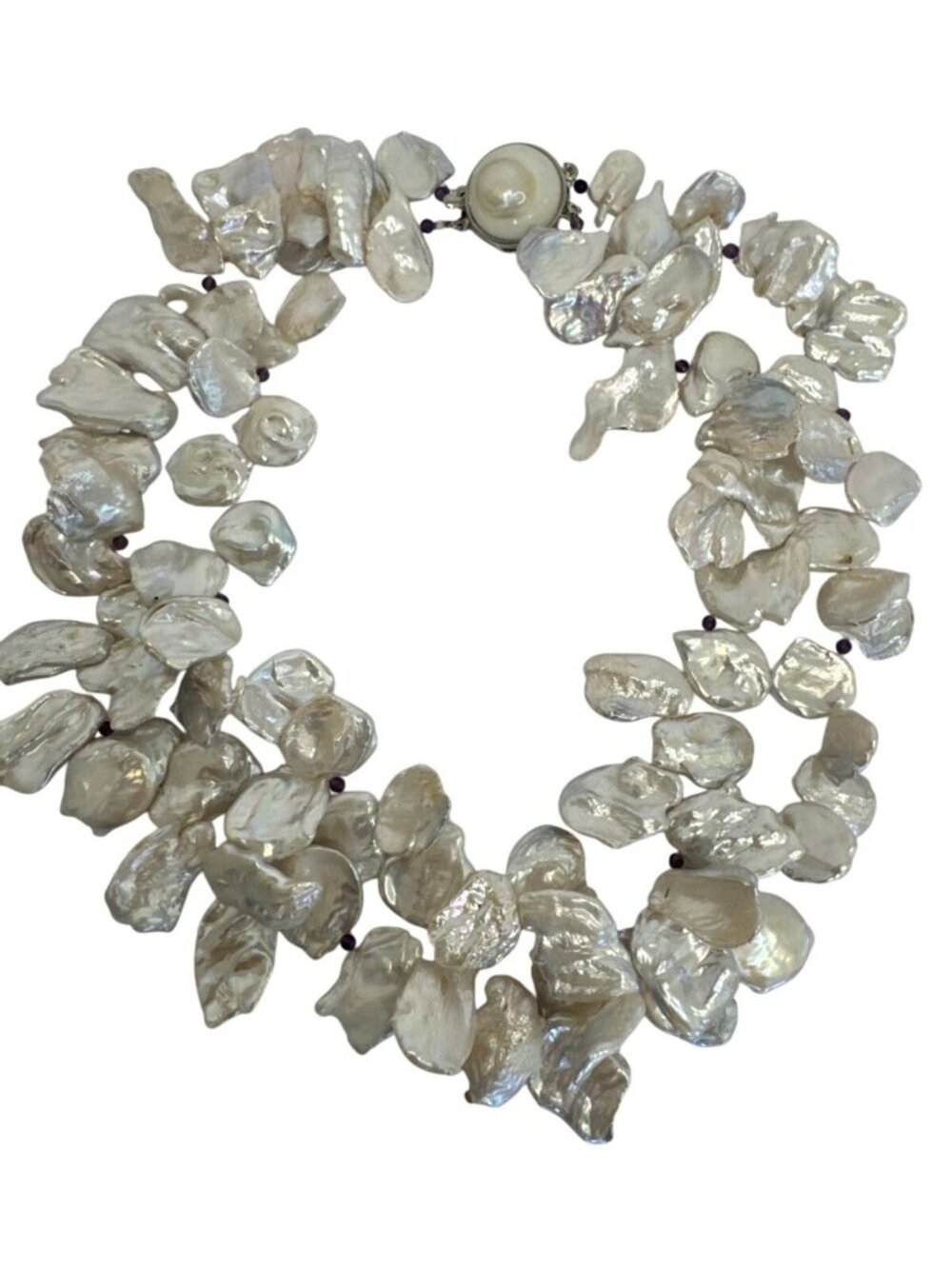 White Keshi Freshwater Pearls W/purple Seed Beads Necklace Sterling Silver Clasp